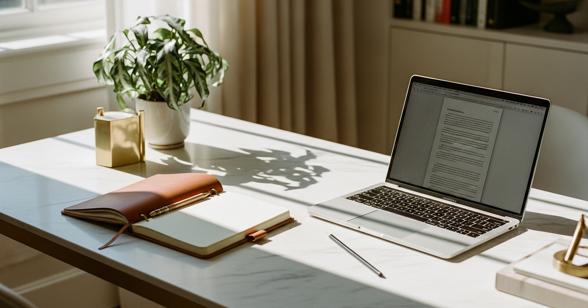 Interior designer's elegant workspace with marble desk, open notebook, slim laptop and natural light - editorial photography