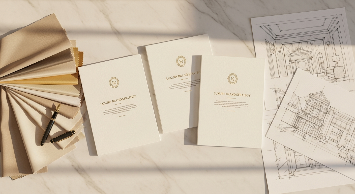 Three brand strategy decks spread on a desk for an interior design studio