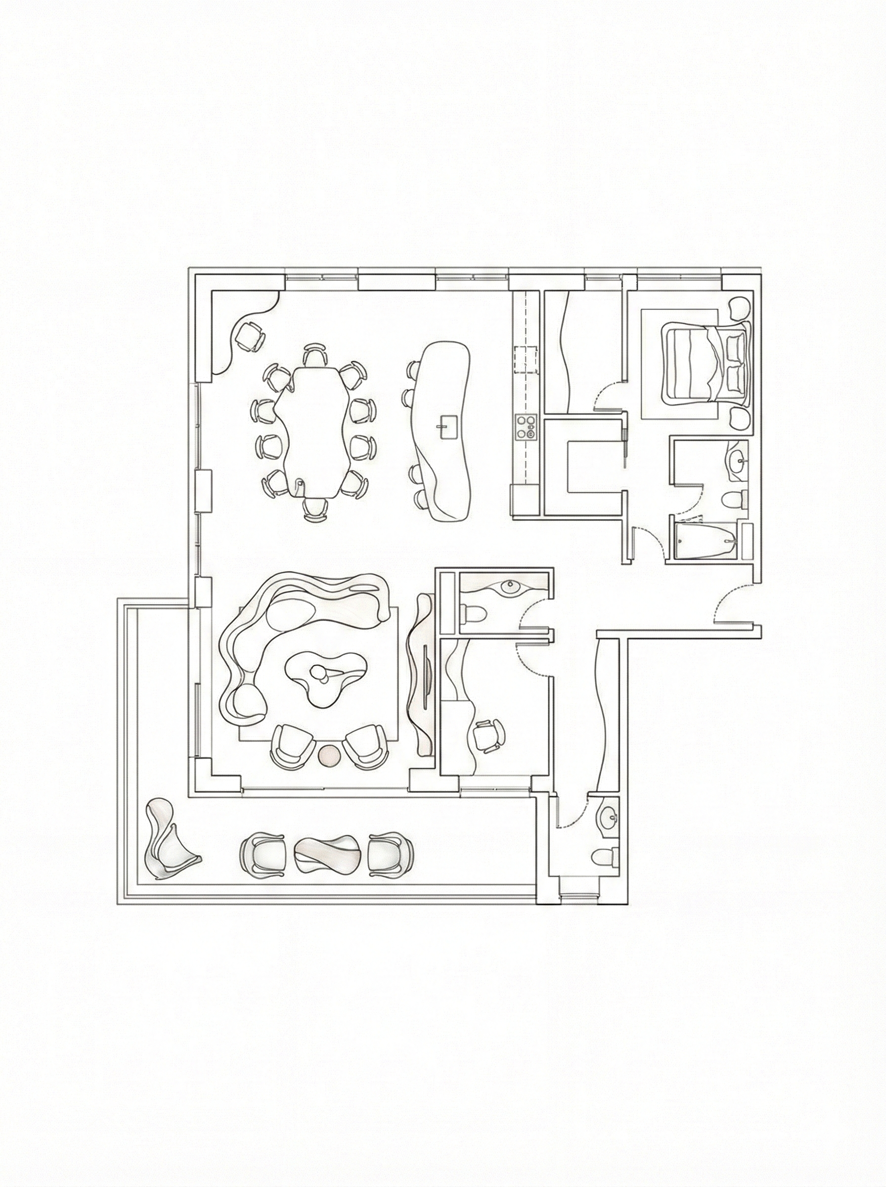 Architectural line drawing floor plan of the Gaudi-inspired scheme