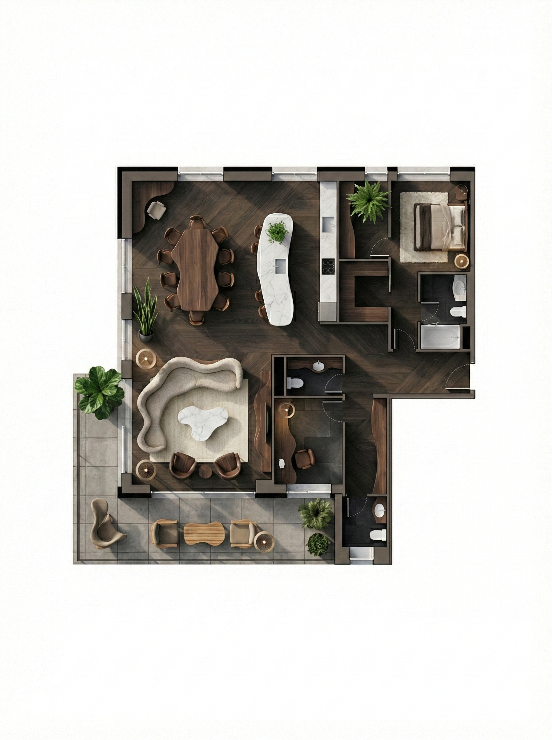 Rendered top-down floor plan of the Gaudi-inspired interior scheme