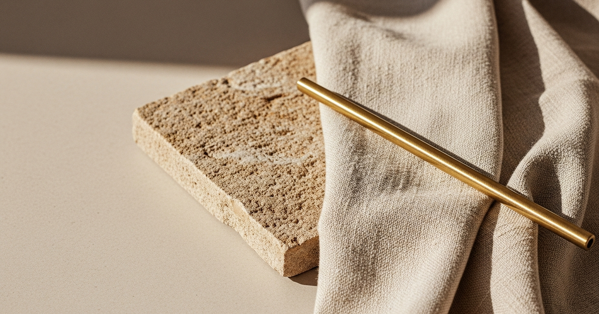 Luxury interior detail with natural stone, woven linen and warm directional light - editorial photography