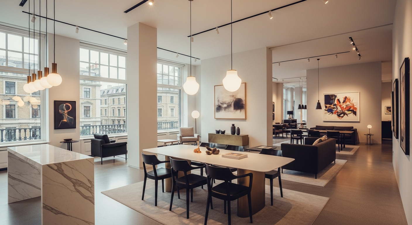 Modern furniture showroom transitioning to digital screens and online channels