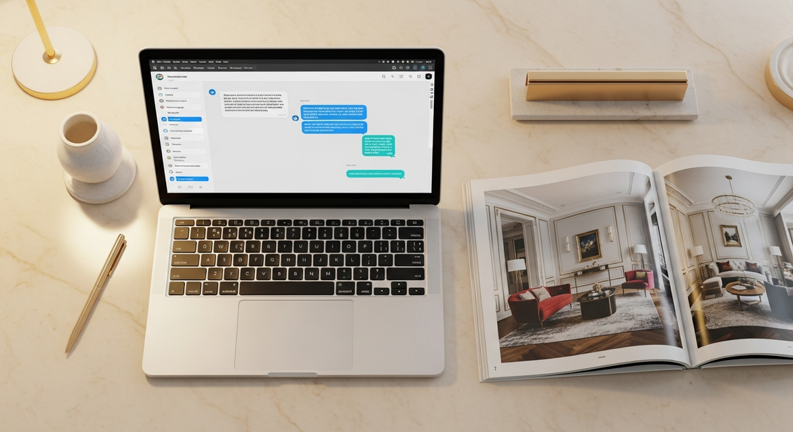 Laptop showing AI chat interface on a marble desk with interior design imagery