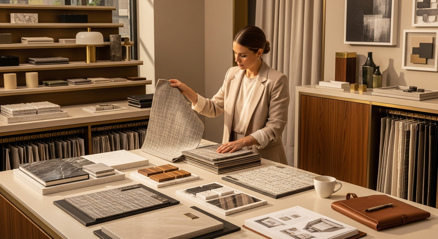 Trade supplier product samples arranged for interior designer specification review