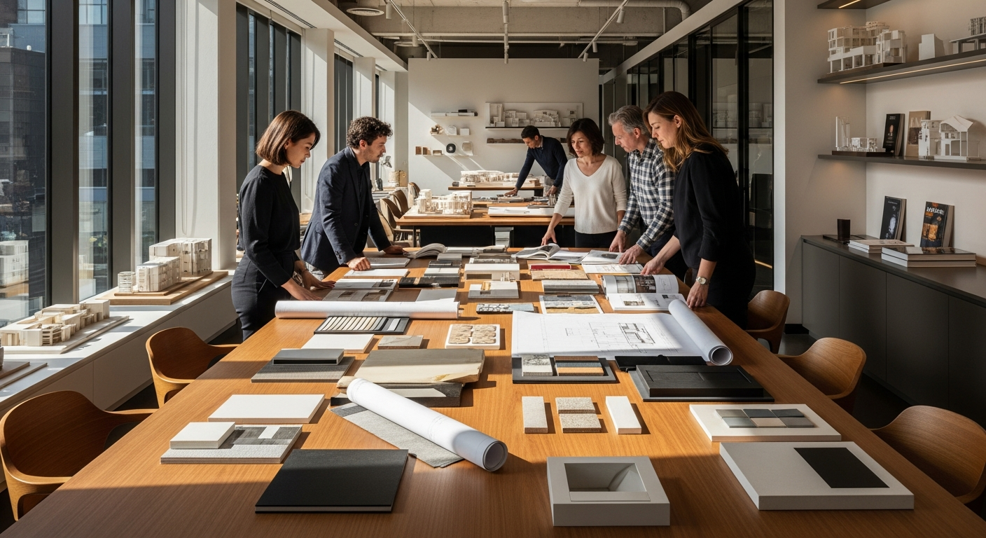 Architect reviewing material samples and specification documents at a desk