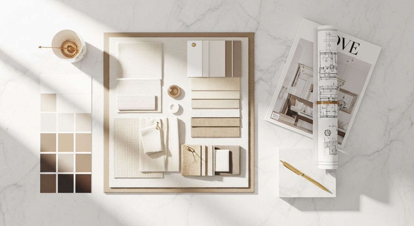 Interior designer studio with portfolio materials and marketing assets