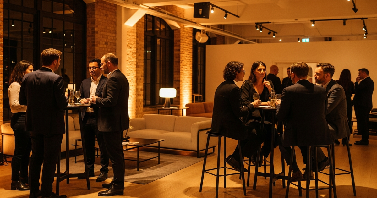 Design professionals networking at a warm, stylish London venue event