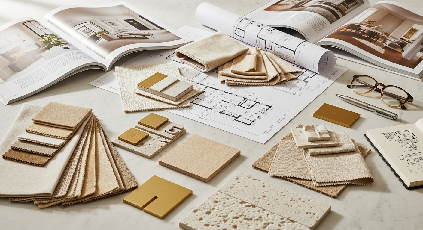 Interior designer reviewing product specification sheets for a residential project