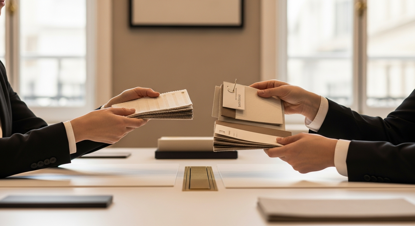 Interior designer selecting fabric samples from a supplier curated collection